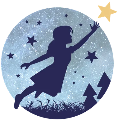 Wendy Pan logo — a girl leaping toward a gold star in a starry sky